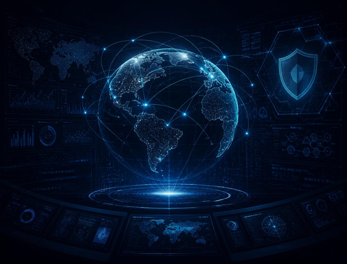 Abstract visualization of a secure enterprise network operations command center